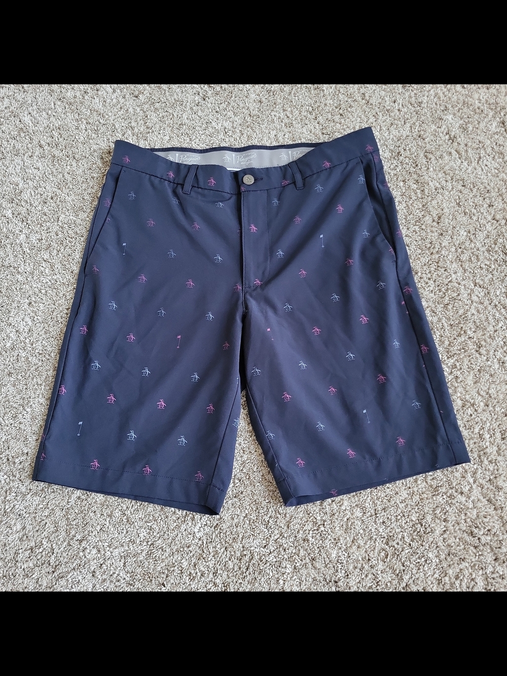 Original Penguin Mens Golf Shorts Slim Fit Stretch Blue All Over Logo Print 32
